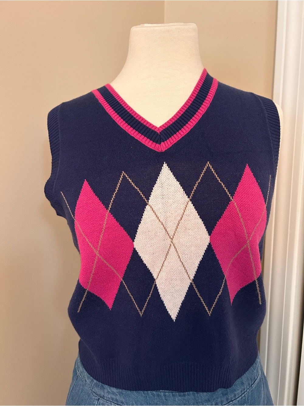 Ina Navy V-Neck Argyle Sweater Vest with Pink & Cream Diamonds